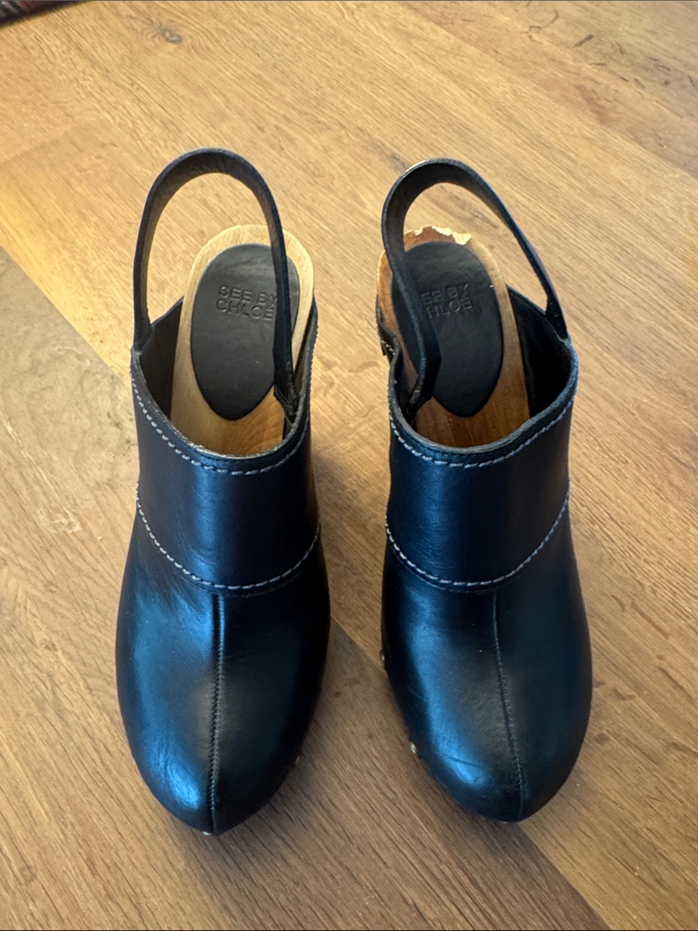 See By Chloe Black Leather Slingback Clogs with Wood Footbed